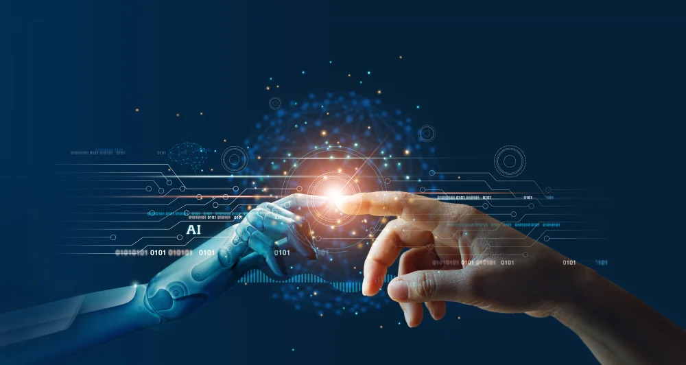 Prompt engineering concept: human and AI robot reaching to connect
